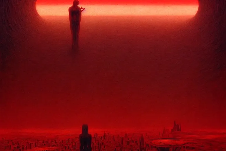 Image similar to only with red, a red god of death eat apple, a futuristic city on mars in background, floor are worms, in the style of beksinski, part by hopper, part by rodcenko, part by hofbauer, intricate composition, red by caravaggio, insanely quality, highly detailed, masterpiece, red light, artstation