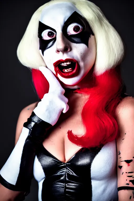 Image similar to scared lady gaga in harley quinn costume attacked by stuffed toy, luxury materials, symmetrical, cinematic, elegant, professional studio light, real dlsr photography, sharp focus, 4 k, ultra hd, sense of awe, high fashion