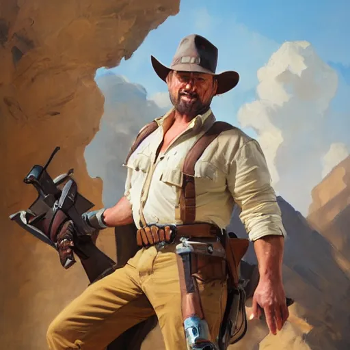 Image similar to greg manchess portrait painting of partially armored indiana jones as overwatch character, medium shot, asymmetrical, profile picture, organic painting, sunny day, matte painting, bold shapes, hard edges, street art, trending on artstation, by huang guangjian, gil elvgren, ruan jia, randy vargas, greg rutkowski