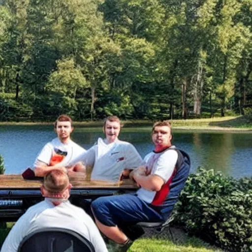 Prompt: fraternity brothers make note not to kill pledge whose family has lake house