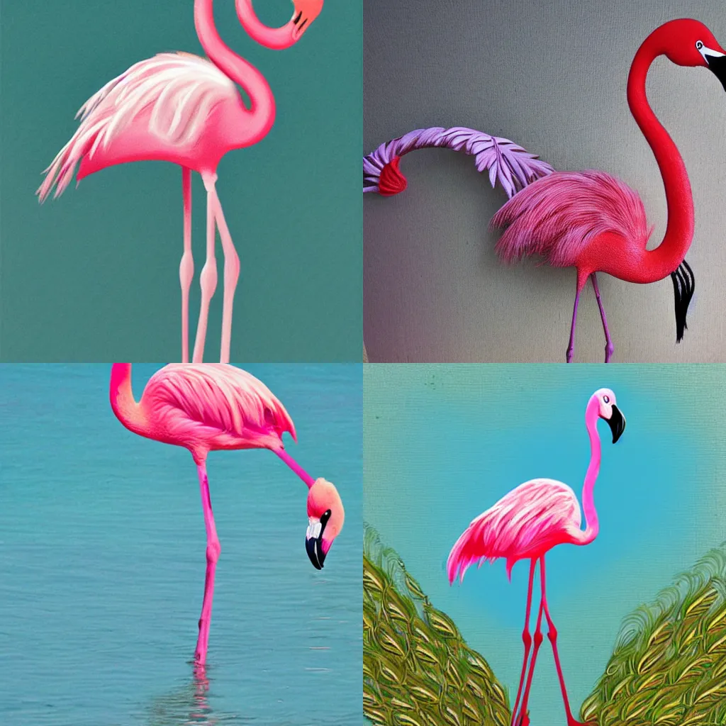 Prompt: flamingo with long peacock tail