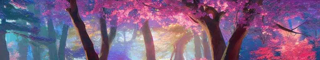 Image similar to spiritual journey through an infinite glowing colorful magical forest, sakura trees, sakura season dynamic lighting, landscape, artwork by jeremy lipkin and giuseppe dangelico pino and michael garmash and rob rey and greg manchess and huang guangjian and makoto shinkai, pixiv, 1 0 0 mm