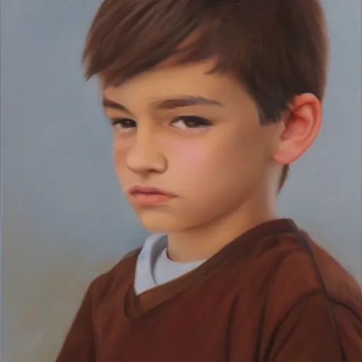 Image similar to beautiful oil painting of a boy with short side part light brown hair and brown eyes