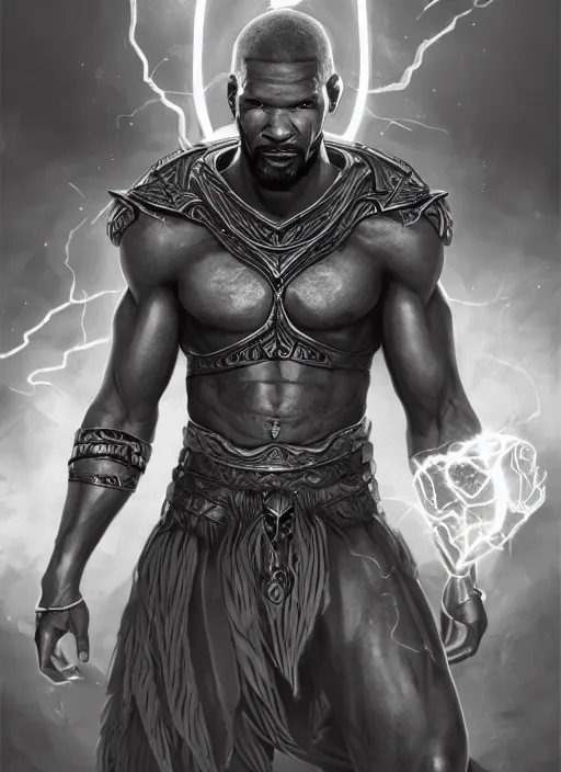 Image similar to a highly detailed illustration of Jamie Foxx as a bearded short fade hair african warrior god of lightning, evil summoning lightning from hands pose, moonlit clouds background, muscular, intricate, elegant, highly detailed, centered, digital painting, artstation, concept art, smooth, sharp focus, league of legends concept art, WLOP