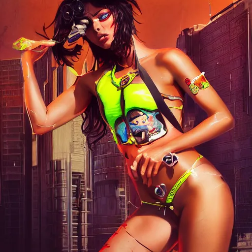 Image similar to a full bodied portrait of beautiful, mischievous, young woman in neon bikini by sandra chevrier, detailed render, epic composition, cybernetics, 4 k realistic, cryengine, realistic shaded lighting, sharp focus, masterpiece, by matteo scalera, gary montalbano, peter elson in the style of the tokyo ghost comic