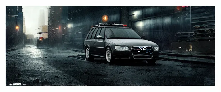 Image similar to Audi A4 B6 Avant (2002), a gritty neo-noir, dramatic lighting, cinematic, establishing shot, extremely high detail, photorealistic, cinematic lighting, artstation, by simon stalenhag, Max Payne (PC) (2001) winter new york, eldritch horror, police scene