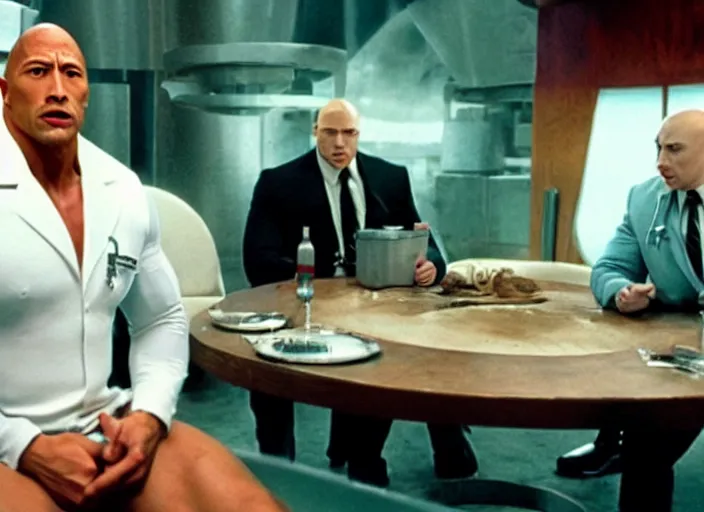 Prompt: film still of Dwayne Johnson as Doctor Evil sitting at the round metal table from Austin Powers