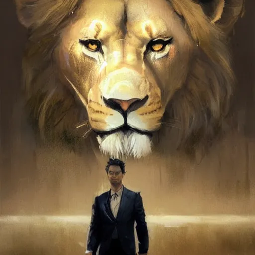 Image similar to A portrait of Lion, in a suit, fantasy art, art by greg rutkowski, matte painting, trending on artstation