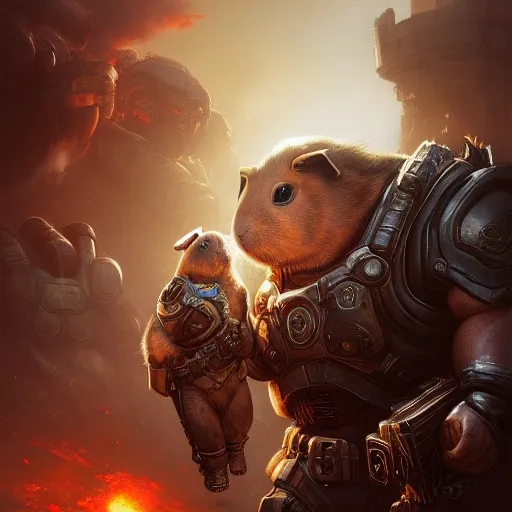 Image similar to cute little anthropomorphic Guinea Pig in Gears of War cover art, ultra wide lens shot , tiny, small, short, cute and adorable, pretty, beautiful, DnD character art portrait, matte fantasy painting, DeviantArt Artstation, by Jason Felix by Steve Argyle by Tyler Jacobson by Peter Mohrbacher, cinematic lighting