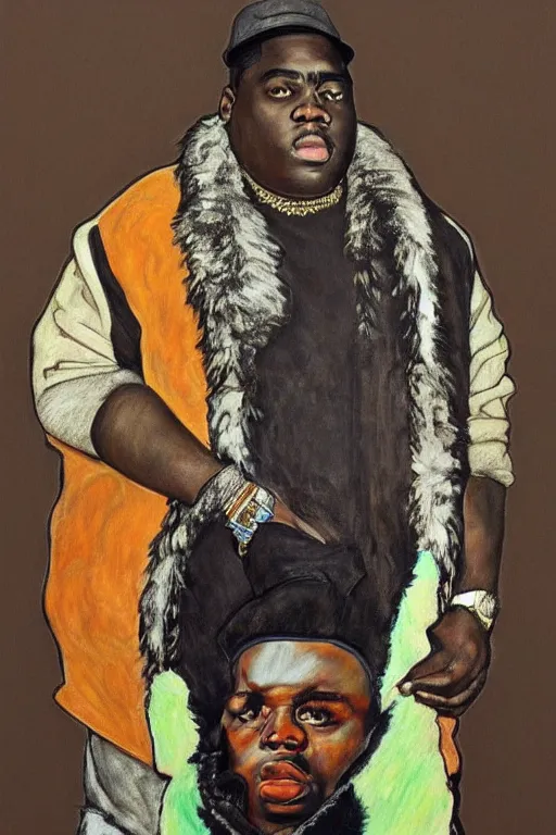 Image similar to a portrait of biggie smalls wearing boho - chic style clothes, with a fur muffler, full body!!, realistic painting in egon schiele style, masterpiece, hyperdetailed, complex, intricate, 4 k, trending on artstation