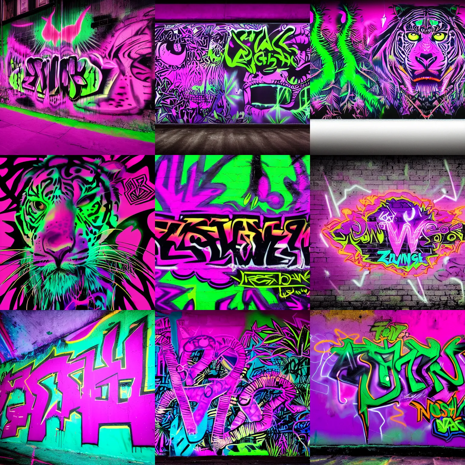 Prompt: Mystic jungle - psychedelic graffiti on the wall. Colours - black (base background), purple and pink (main accents) shades of neon green (glowing). Cinematic lightning, deep shadows, photo realistic. David Lozano, Banksy style mix. Resolution 4K.