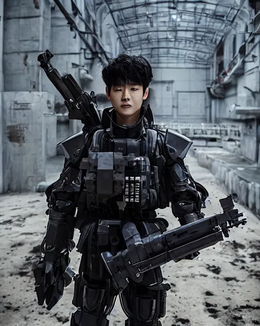 Prompt: Korean Actor Park Solomon as Kazuki Fuse in Live Action Jin Roh: The Wolf Brigade, wearing full armor holding his MG 42 machine Gun, Studio Lighting, Mamoru Ushii