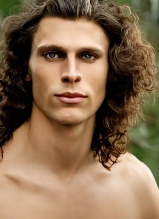 Image similar to a very skinny young Tarzan close-up portrait of young white male, with long dark brown slicked back hair shoulder length