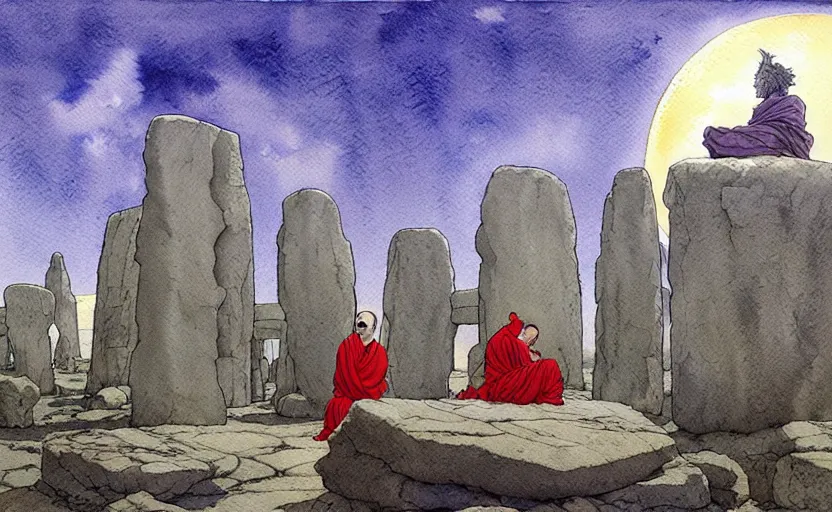 Image similar to a hyperrealist watercolor fantasy concept art of giant monk with a long forehead in grey robes sitting in stonehenge. several large stones are floating in the air. in the background a ufo is in the sky. by rebecca guay, michael kaluta, charles vess