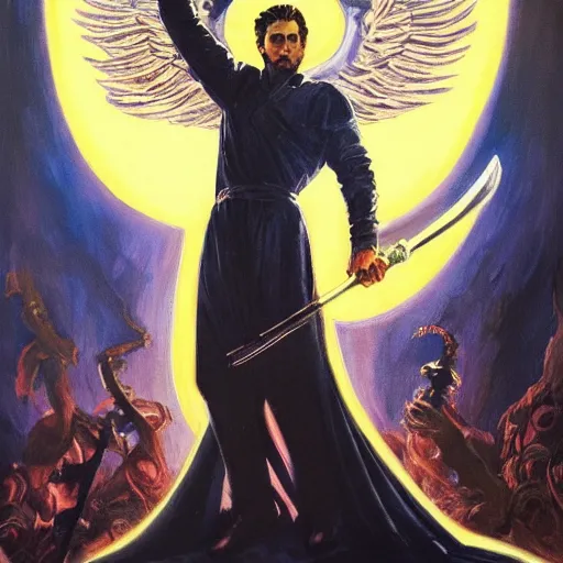 Prompt: An epic Socialist Realism comic book style, stunning, breathtaking, awe-inspiring award-winning concept art nouveau painting of sophisticated portrayal of Lucifer, invincible and triumphant over Heaven, exquisite and handsome wings, holding a flaming sword of hellfire in his hands , fisheye, a star is born in the background, photorealistic, complex, intricate, 3-point perspective, hyper detailed, unreal engine 5,DAZ, symmetrical, octane render, dynamic lighting, 8k , IMAX quality, polished, photoshopped, high resolution, , path tracing, volumetric lighting, Arnold render