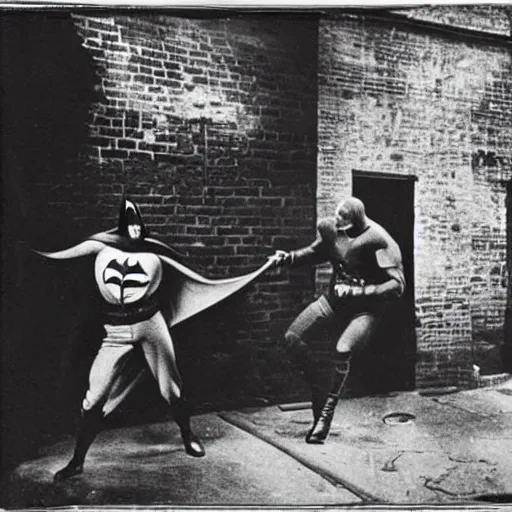 Image similar to old black and white photo, 1 9 2 5, depicting batman fighting a al capone in an alley of new york city, rule of thirds, historical record