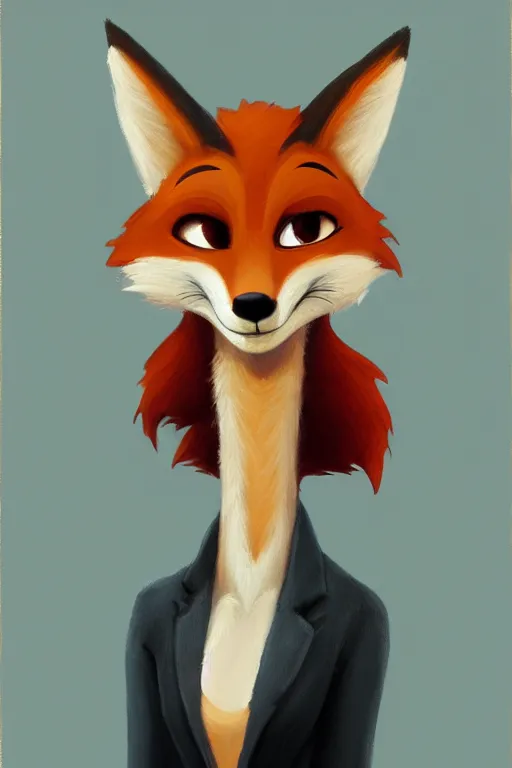 Image similar to oil painting of anthromorphic female fox, in style of zootopia, female fursona, furry, furaffinity, 4 k, deviantart, furry art, fursona art, wearing black business suit, business suit, fox fursona, nick wilde female, female, smug expression,