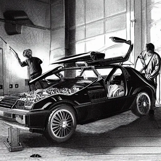 Prompt: a mechanic working on a car Dolorean, baroque style