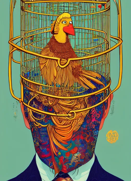 Image similar to beautiful painting of a mystical man in a suit with a golden bird cage as a head, in the style of james jean and ross draws and victo ngai and sam spratt, mystical colors, trending on artstation