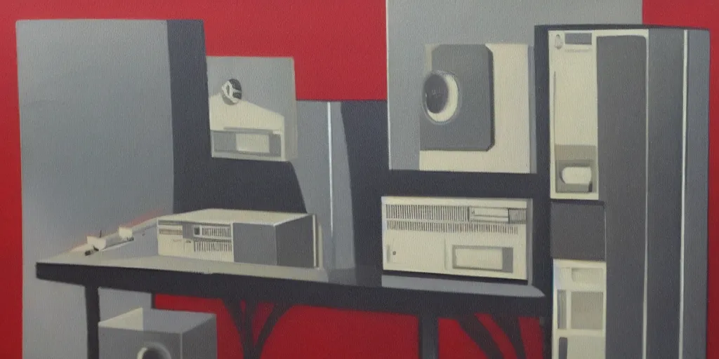 Prompt: oil paint on canvas, art deco style, 1950s computers with tape drives rewinding