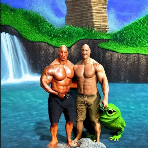 Prompt: Dwayne Johnson and Pepe the Frog having a drink on the seaside, realistic, hyperreal, beautiful lighting, art masterpiece, waterfall, photorealistic