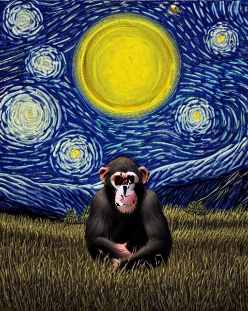 Image similar to very detailed high resolution illustration of a mystical chimpanzee, backlit, starry night, surrounded, 3 d, 8 k, extremely detailed, artstation, award winning