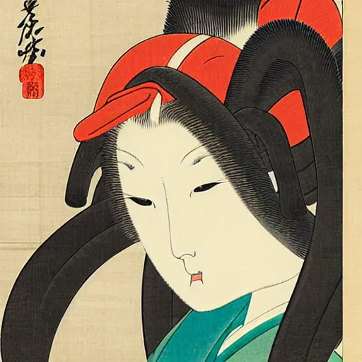 Prompt: beautiful portrait ukiyo - e painting of an eevee by kano hideyori, kano tan'yu, kaigetsudo ando, miyagawa choshun, okumura masanobu, kitagawa utamaro