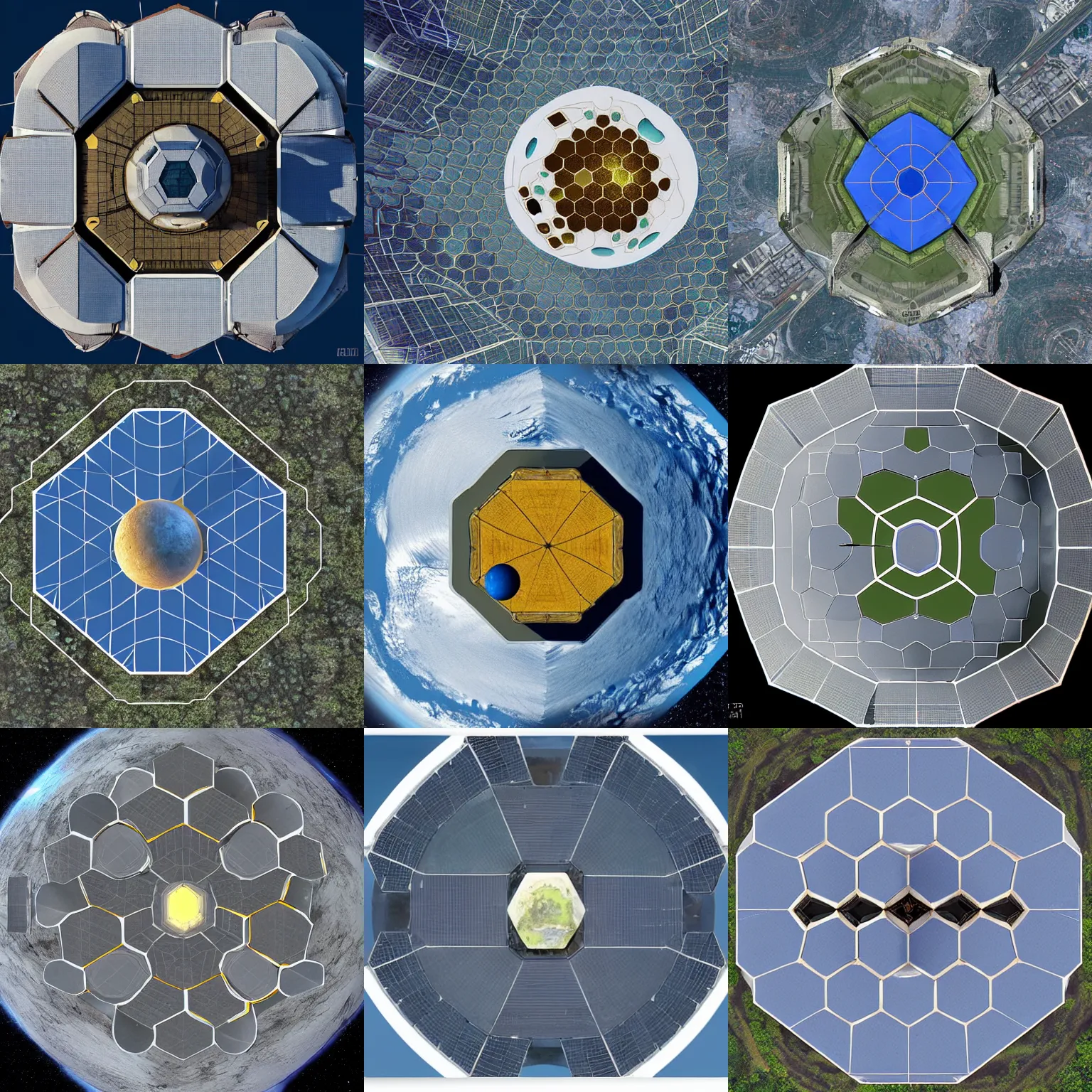 Prompt: six sided, hexagonal planetary space base, seen from straight above, by paul chadeisson