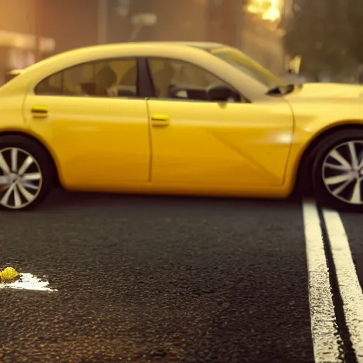 Image similar to A lemon getting run over by a car, Dramatic camera shot, Realistic, Unreal engine 5,