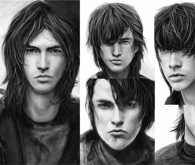 Prompt: headshot and upper bodyshot of a handsome yet boyish androgynous man with short to medium length stringly dark hair and long bangs covering one of his eyes, very nostalgic, very melancholic, dramatic angle, rotoscoped, rotoscope, photoshop, photomanipulation, realism, painting, illustration and sketch, weird scribbles, hybrid styles, hybrid art styles, mismatched, trending on artstation, trending on deviantart, weird, quirky, interesting, very detailed, highly detailed, HD Quality, 4k resolution, 8k resolution, in the style of David Firth, in the style of James Lee, in the style of Drue Langlois,