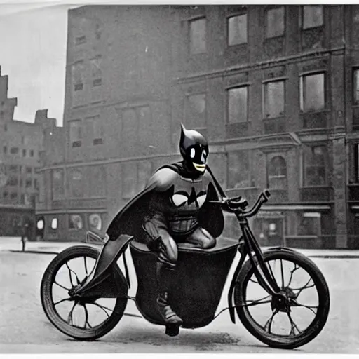 Image similar to old black and white photo, 1 9 1 3, depicting batman on a motorcycle from dark knight racing through the bustling streets of new york city, rule of thirds, three - point perspective, historical record