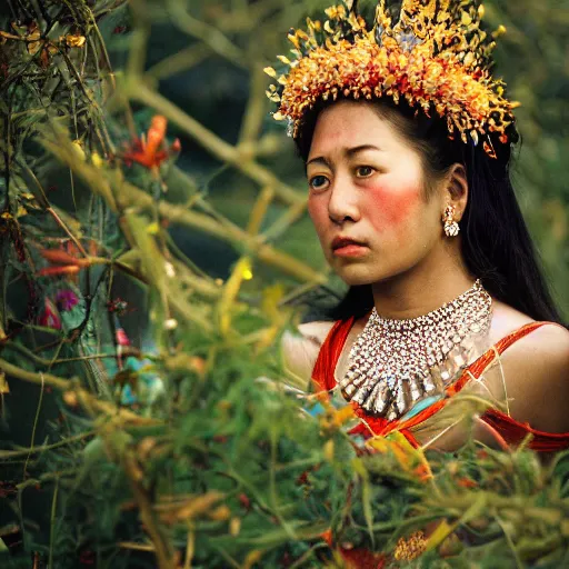 Prompt: photography of the asian queen sitting in the flower thorn, beautiful face, masterpiece costume, jewellery, high quality, elegant, emotionally touching, cool, deep gaze, mystery, tenderness steve mccurry style