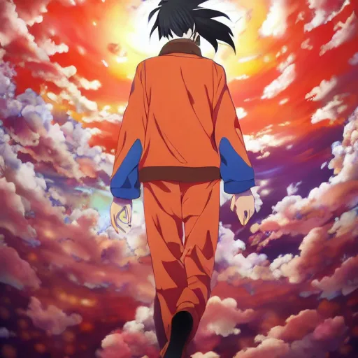 Prompt: anime key visual of a man walking on clouds with an orange longsleeve, official media, trending on artstation, in the style of takashi murakami - n 9