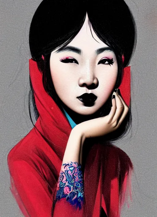 Prompt: portrait of an asian woman with a crooked nose and a confident expression, 1 9 6 0 s, black clothes, goth, punk, brightly coloured hair, funk, intricate, elegant, highly detailed, digital painting, artstation, concept art, smooth, sharp focus, illustration, art by wlop, mars ravelo and greg rutkowski