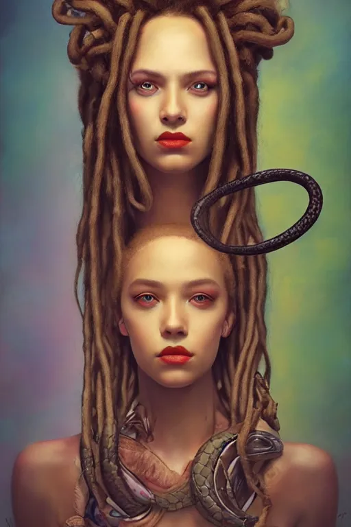 Image similar to portrait of an king queen with dreads snake hair, straight on portrait, by artgerm, tom bagshaw, gerald brom, vaporwave colors, lo fi colors, vaporwave, lo fi, 2 point studio lighting, dramatic lighting, 4 k, hd,