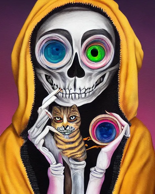 Prompt: a surrealistic head and shoulder painting of a gorgeous female skeleton with cat eyeballs and lipstick and hoodie, in the style of lucian freud, digital art, detailed masterpiece