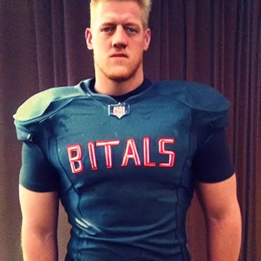 Image similar to “a realistic detailed photo of a guy who is an attractive humanoid who is half robot and half humanoid, who is a male android, football player JJ Watt, shiny skin, posing like a statue, blank stare”