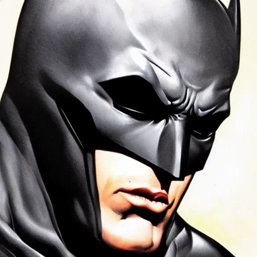 Image similar to ultra - realistic head and shoulders portrait painting of batman with his cowl on. art by frank frazetta. 4 k. ultra - realistic. highly detailed. epic lighting