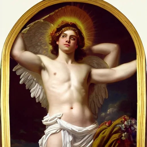 Prompt: Portrait of the Sun God Apollo, large wings, luxuriant, dreamy, eternity, romantic, strong pose, highly detailed, in the style of Franz Xaver Winterhalter, highly detailed, in the style of Aetherpunk