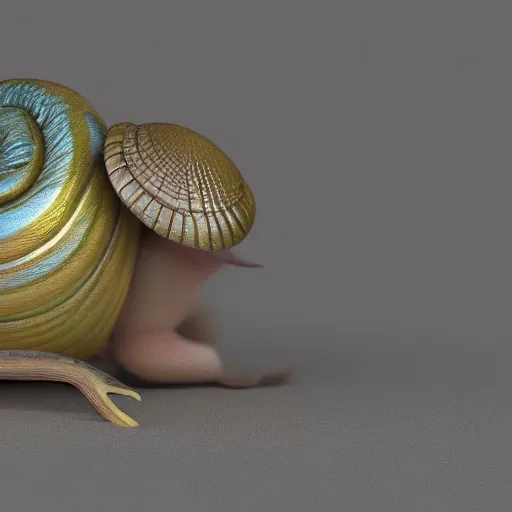 Image similar to a snail dressed up like a little Japanese boy, 8k Hyperreal, octane render