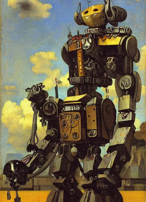 Image similar to mecha robot warrior by Johannes Vermeer and Moebius