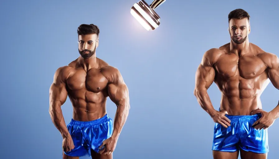 Prompt: male robot fitness model standing, blue background, bright lighting, shiny glossy metallic skin