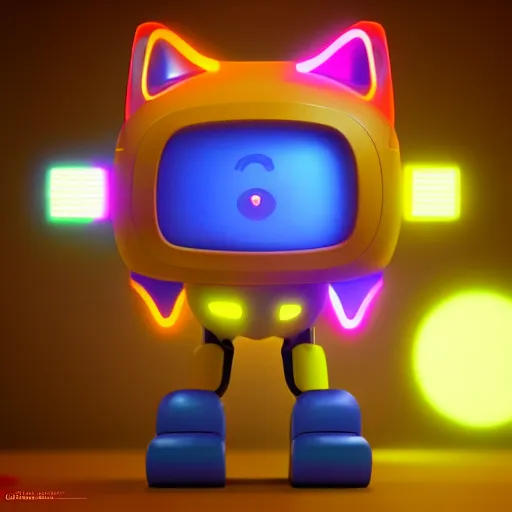 Prompt: Kitty Bot, 3D character, very colourful, cinematic lighting, soft neon, octane render, trending on Artstation