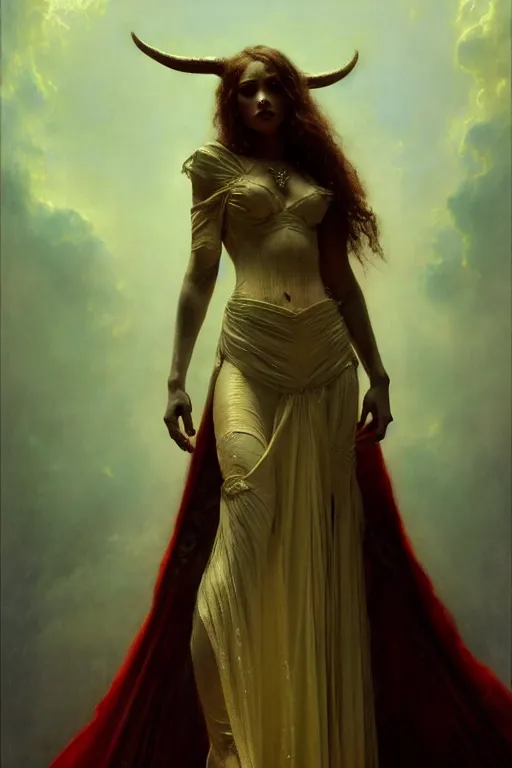 Image similar to a full body portrait of a demon girl wearing gown, high detail, cleary see face, by gaston bussiere, bayard wu, greg rutkowski, odd nerdrum, maxim verehin, realism, harsh lighting, dan dos santos, masterpiece, sharp focus, cinematic lightning