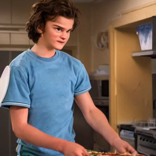 Image similar to Pixar Animation of Steve Harrington from Stranger things making a pizza