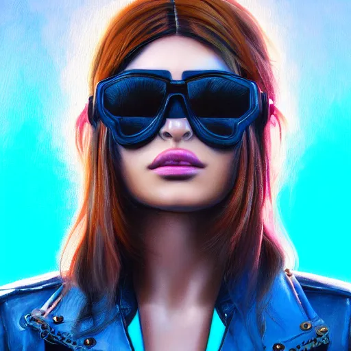 Image similar to closeup painting of a very beautiful young mexican cyberpunk woman with a smirk, wearing light blue shutter shades and a dark brown leather jacket, one side haircut, long brown hair with light blue ends, portrait, hyperdetailed, artstation, cgsociety, 8 k, synthwave by tangerine dream