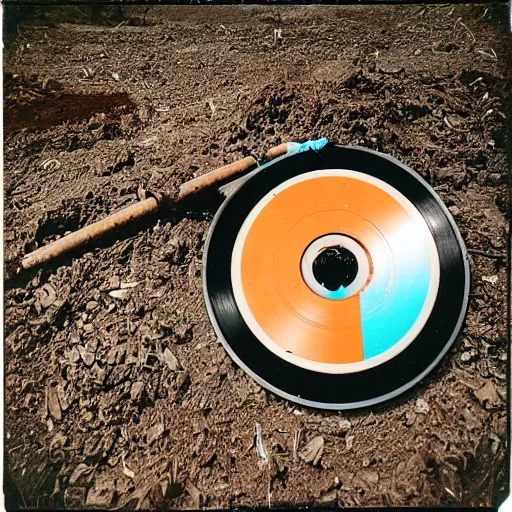 Image similar to a vinyl disc on a hole in the ground, with a shovel next to it, polaroid shot