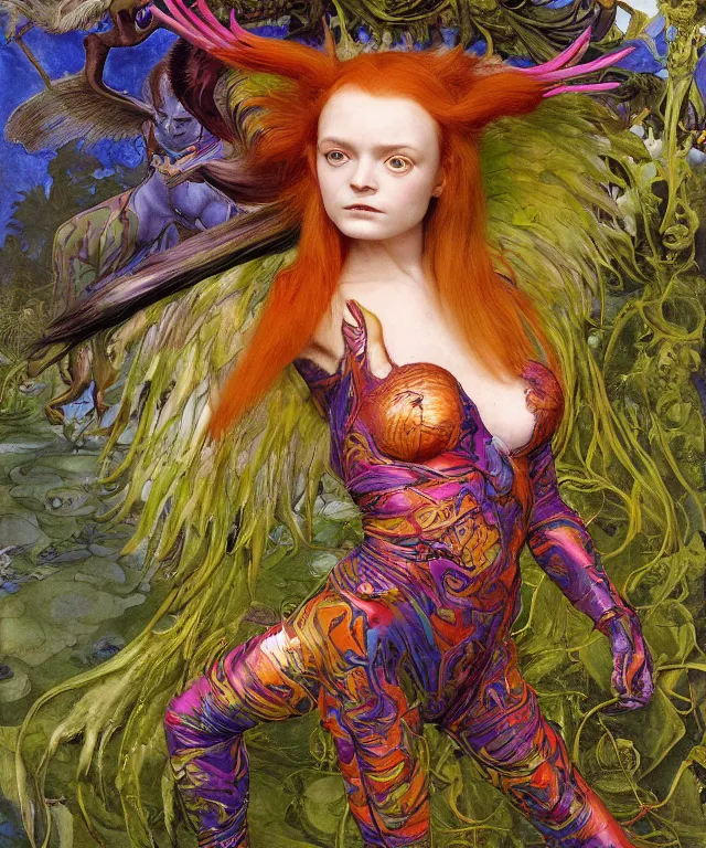 Prompt: a portrait photograph of a colorful alien harpy succubus super villian with amphibian skin and animal paws. she looks like sadie sink and is being wrapped in a colorful slimy organic membrane catsuit. by donato giancola, hans holbein, walton ford, gaston bussiere, peter mohrbacher. 8 k, cgsociety, fashion editorial