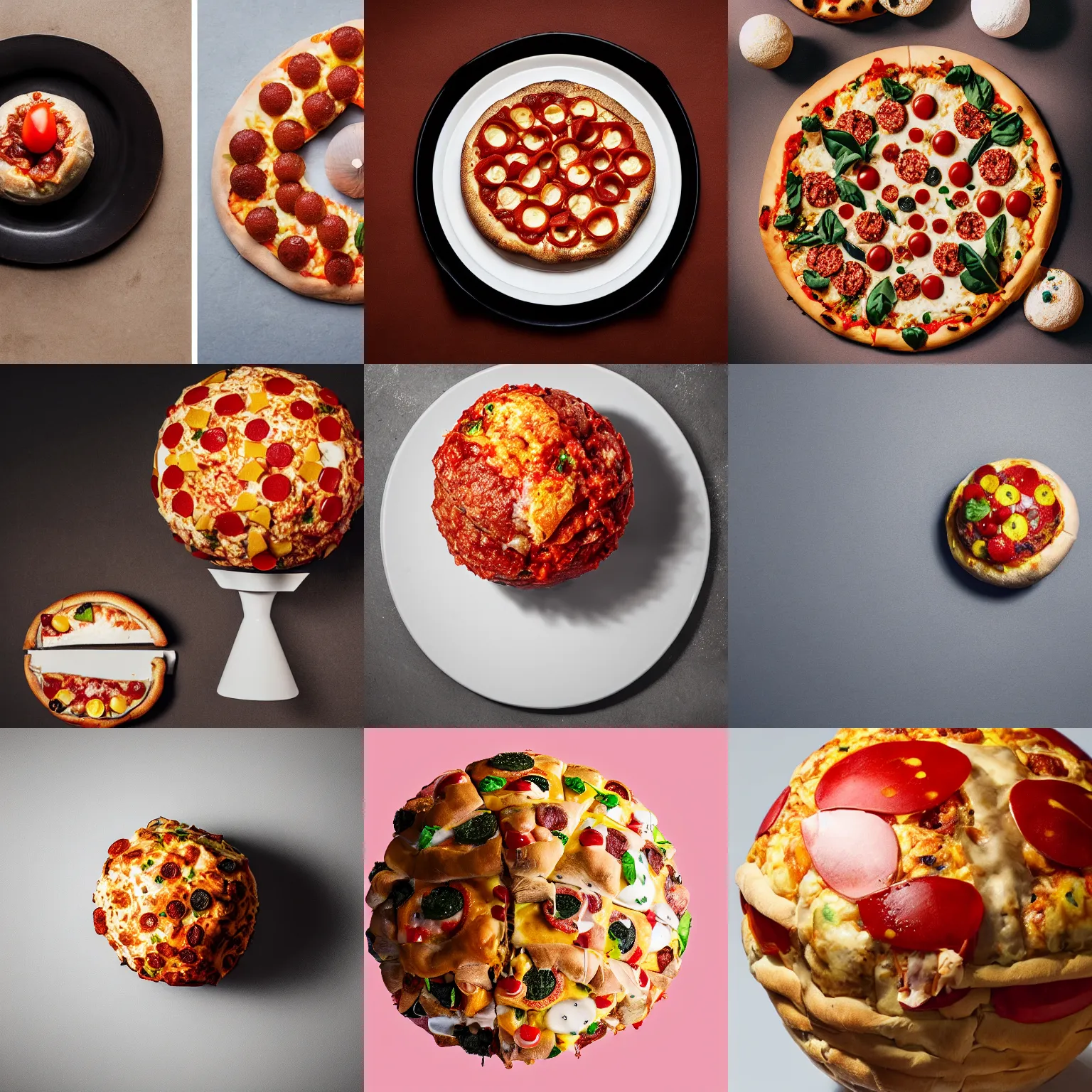 Prompt: a spherical orb made of pizza, professional food photography