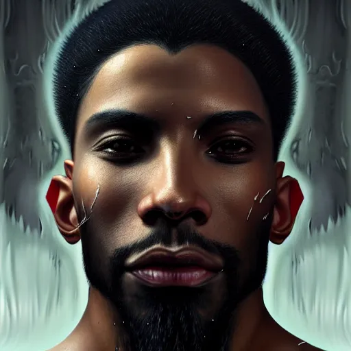 Image similar to portrait painting of a beautiful black man with cut scars and cropped hair wearing a tattered fur coat, ultra realistic, concept art, intricate details, eerie, highly detailed, photorealistic, octane render, 8 k, unreal engine. art by artgerm and greg rutkowski and charlie bowater and magali villeneuve and alphonse mucha